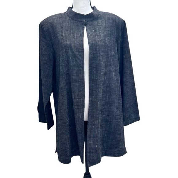 EILEEN FISHER HEATHERED CHARCOAL GRAY COTTON LINEN BLEND ONE BUTTON LONG JACKET - Picture 1 of 13